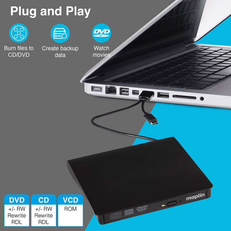 Maplin External CD DVD Optical Drive Reader and Writer Burner USB-C and USB-A 3.0 Built in Cables