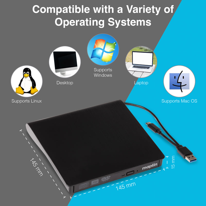 Maplin External CD DVD Optical Drive Reader and Writer Burner USB-C and USB-A 3.0 Built in Cables