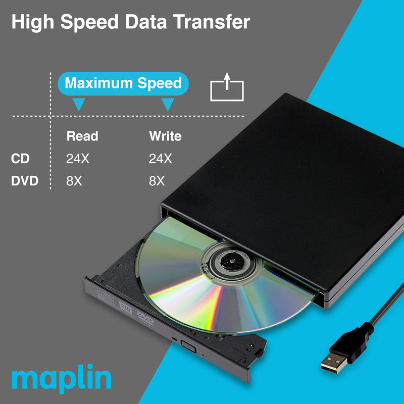 Maplin External CD DVD Optical Drive Reader and Writer Burner USB-C and USB-A 3.0 Built in Cables