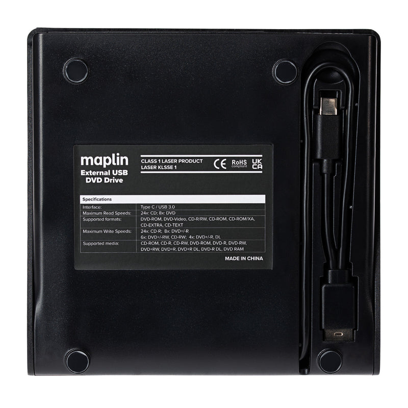 Maplin External CD DVD Optical Drive Reader and Writer Burner USB-C and USB-A 3.0 Built in Cables