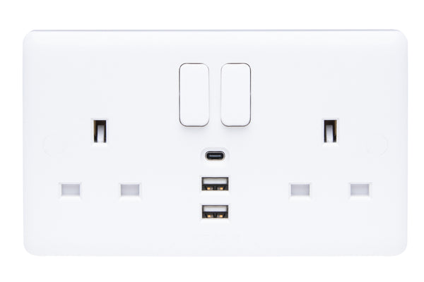 Deta 13A 2 Gang Switched Electrical Wall Socket with 2x USB-A / 1x USB-C Ports
