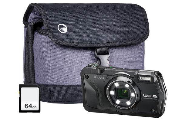 Ricoh WG-6 5x Zoom Tough Compact Camera with 64GB SD Card & Shoulder Bag - Black
