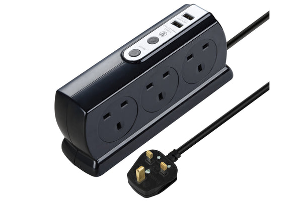 Masterplug 2m 6 Socket 13A plus 2x USB-A Ports Extension Lead Black