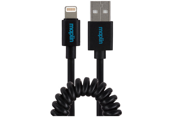 Maplin Lightning Connector to USB-A Coiled Curly Cable - Black, 1m