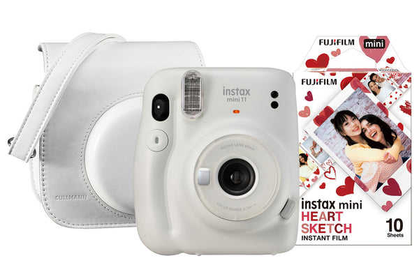 Fujifilm Instax Mini 11 Instant Camera with 10 Shot Heart Sketch Film Pack & Case - Ice White