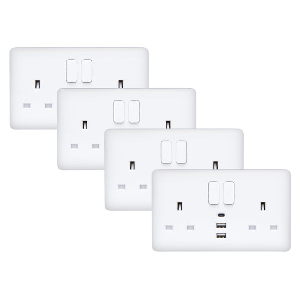 Deta 13A 2 Gang Switched Electrical Wall Socket with 2x USB-A / 1x USB-C Ports, Pack of 4
