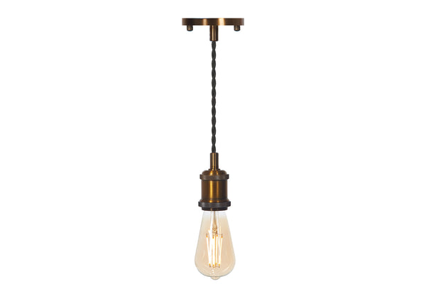 4lite Vintage Design Single Lighting Pendant with ST64 Amber Coated Filament LED Bulb - Antique Brass