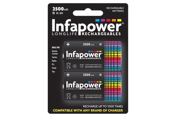 InfaPower 2500mAh Rechargeable Ni-MH Type D Batteries - Pack of 2
