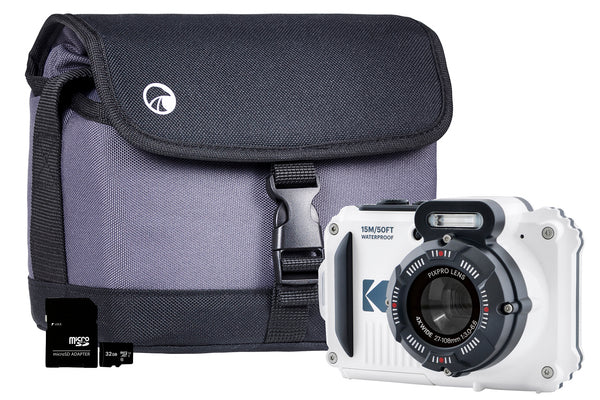 Kodak PIXPRO WPZ2 4x Zoom Tough Camera inc Shoulder Bag with Compartment & 32GB MicroSD Card - White