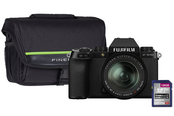 Fujifilm X-S10 Mirrorless Camera with 18-55mm f/2.8-4 R LM OIS XF Lens, 128GB SD Card & Case - Black