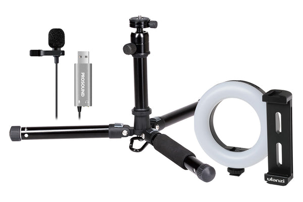 ProSound Vlogger Kit 4 with Portable Mid Size Tripod, Tablet/Phone Holder, LED Ring Light & Lavalier Microphone