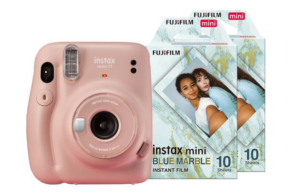 Fujifilm Instax Mini 11 Instant Camera + 20 Shot Marble Effect Film Pack - Blush Pink