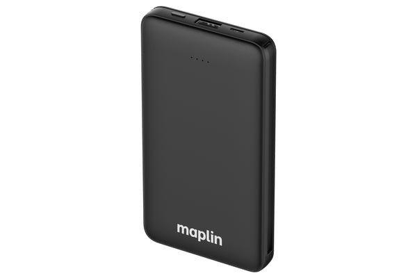 Maplin 10000mAh Slim Power Bank with Integrated USB-C & Micro USB Cables & Lightning Adapter