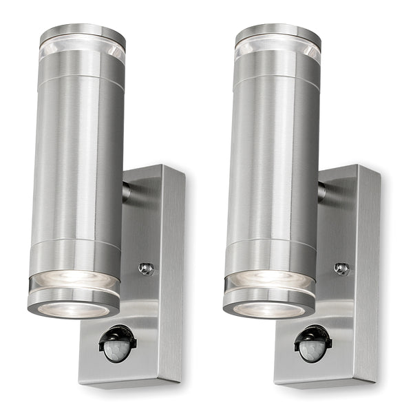 4lite Marinus GU10 Bi-Directional Outdoor Wall Light with PIR - Stainless Steel, Pack of 2