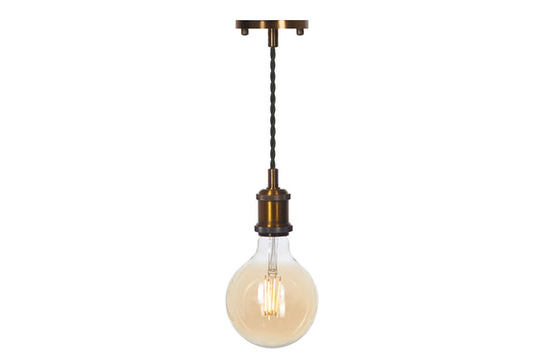 4lite Vintage Design Single Lighting Pendant with G125 Amber Coated Filament LED Bulb - Antique Brass