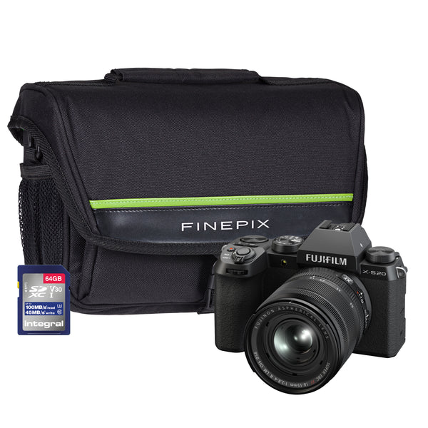 Fujifilm X-S20 Mirrorless Digital Camera with XF 18-55mm f/2.8-4 R LM OIS Lens, 64GB SD Card & System Bag - Black