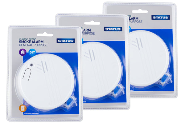 Status 85dB Smoke Alarm with 9V Battery - Pack of 3, White