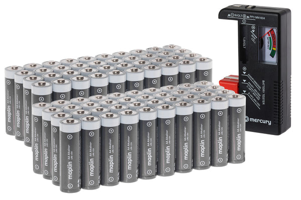 Maplin 80x AA LR6 1.5V Alkaline Batteries 7 Year Shelf Life High Performance including Battery Tester