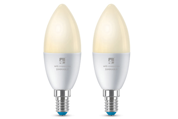 4lite WiZ Connected C37 Candle Dimmable Warm White WiFi LED Smart Bulb - E14 Small Screw, Pack of 2