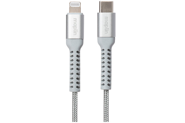 Maplin Lightning Connector to USB-C Cable Braided 20W High Speed 2m Silver