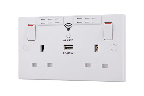 BG 2 Gang Switched Socket Square Edge 13A with Wi-Fi Extender + 1x USB-A 2.1A - White