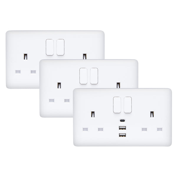 Deta 13A 2 Gang Switched Electrical Wall Socket with 2x USB-A / 1x USB-C Ports, Pack of 3