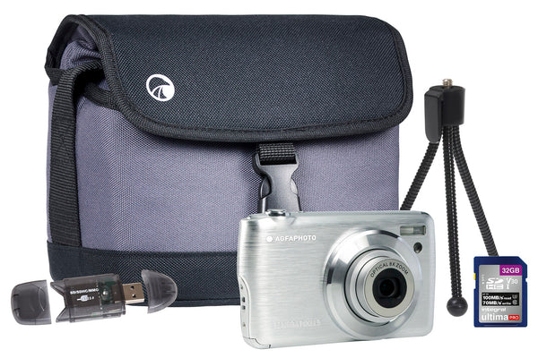 Agfa Photo Realishot DC8200 Compact Digital Camera with 32GB SD Card, Card Reader, Mini Tripod & Shoulder Bag - Silver