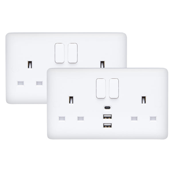 Deta 13A 2 Gang Switched Electrical Wall Socket with 2x USB-A / 1x USB-C Ports, Pack of 2