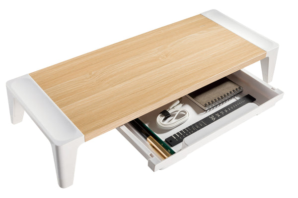 ProperAV Monitor Riser Stand with Height Adjustment and Drawer - Wood Effect