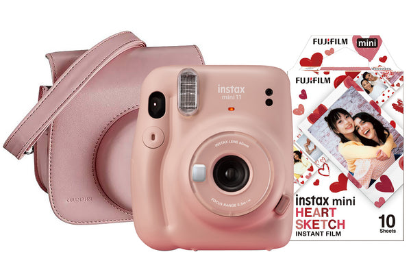 Fujifilm Instax Mini 11 Instant Camera with 10 Shot Heart Sketch Film Pack & Case - Blush Pink