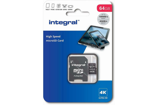 Integral 64GB High Speed V30 UHS-I U3 MicroSDHC/XC Memory Card with Adapter