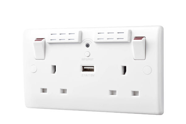 British General 13A 2 Gang Switched Socket with Wi-Fi Extender + 1x USB-A 2.1A Round Edge White