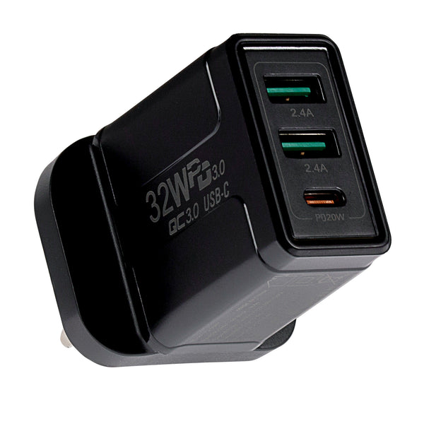 Maplin 3 Port USB Wall Charger 1x USB-C/ 2x USB-A PD QC 3.0 32W High Speed Charging