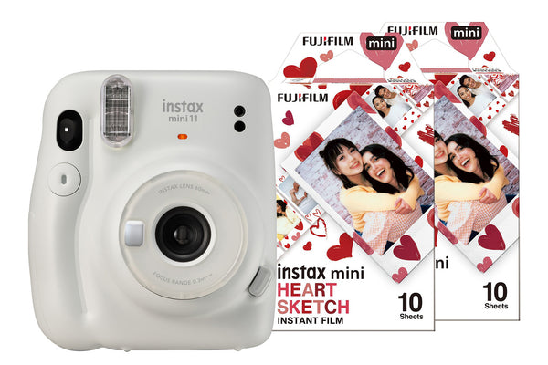 Fujifilm Instax Mini 11 Instant Camera with 20 Shot Heart Sketch Film Pack - Ice White
