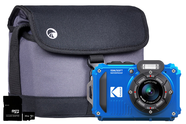Kodak PIXPRO WPZ2 4x Zoom Tough Camera inc Shoulder Bag with Compartment & 32GB MicroSD Card - Blue