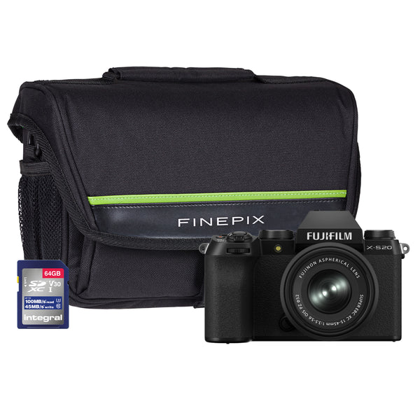 Fujifilm X-S20 Mirrorless Digital Camera with XC 15-45mm f/3.5-5.6 OIS PZ Lens, 64GB SD Card & System Bag - Black