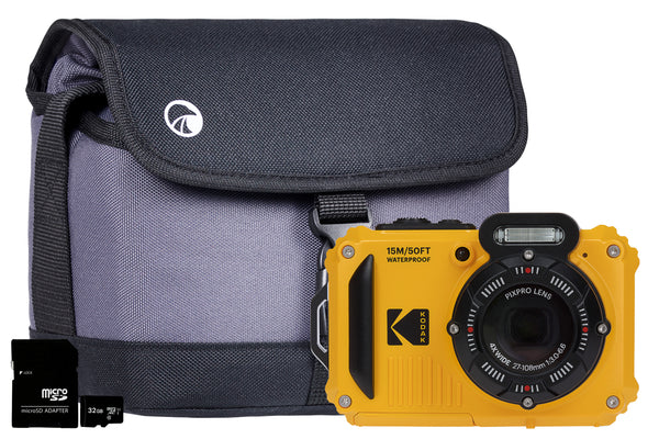 Kodak PIXPRO WPZ2 4x Zoom Tough Camera inc Shoulder Bag with Compartment & 32GB MicroSD Card - Yellow