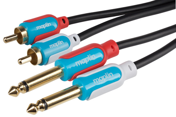 Maplin Twin 1/4" 6.35mm 2 Pole Jack Plug to Twin RCA Phono Cable - Black, 1.5m