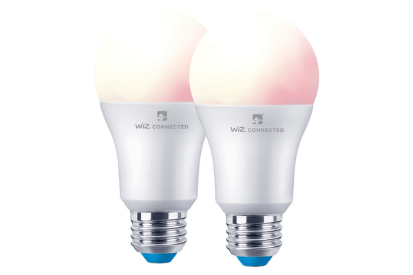 4lite WiZ Connected A60 Dimmable Multicolour WiFi LED Smart Bulb - E27 Large Screw, Pack of 2