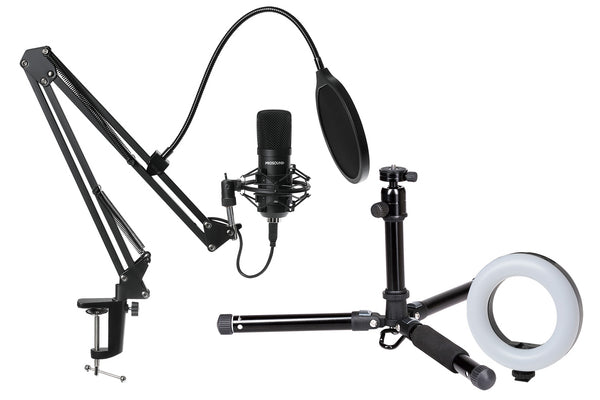 ProSound Vlogger Kit 3 with Portable Mid Size Tripod, LED Ring Light & Studio Microphone with Boom Arm