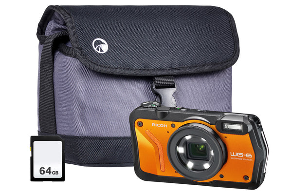 Ricoh WG-6 5x Zoom Tough Compact Camera with 64GB SD Card & Shoulder Bag - Orange