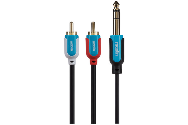 Maplin 1/4" 6.35mm 3 Pole Jack Plug to Twin RCA Phono Cable - Black, 3m