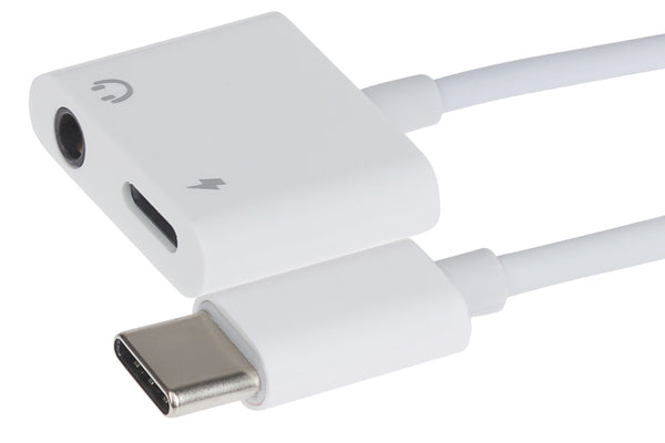 Nikkai USB-C to 3.5mm Headphone Jack / USB-C PD Charging Port Adapter - White, 10cm